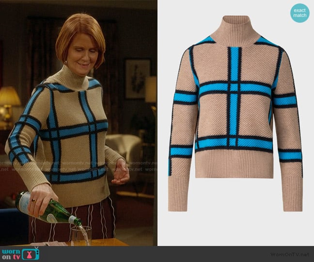 Akris Punto Cashmere-Blend Window Check Knit Sweater worn by Miranda Hobbs (Cynthia Nixon) on And Just Like That