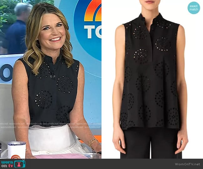 Akris Punto Embroidered Eyelet Cotton Sleeveless Blouse worn by Savannah Guthrie on Today