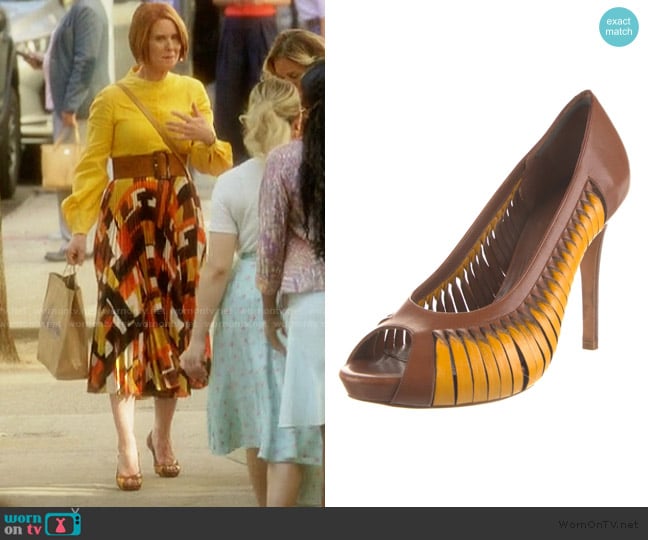 Alexander McQueen Leather Colorblock Patern Pumps worn by Miranda Hobbs (Cynthia Nixon) on And Just Like That