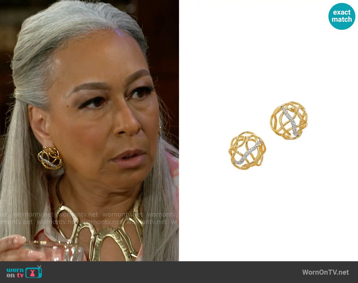 Alexis Bittar Solanales Two-Tone & Crystal Twisted Button Stud Earrings worn by Anita Dupree (Tamara Tunie) on Beyond the Gates