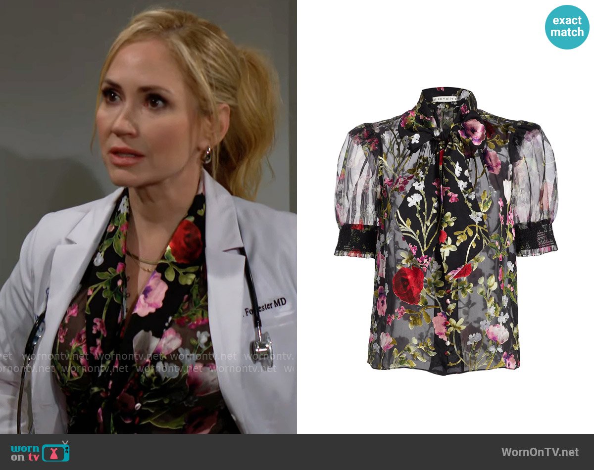 Alice + Olivia Brentley Blouse in Floral Dreams worn by Bridget Forrester (Ashley Jones) on The Bold and the Beautiful