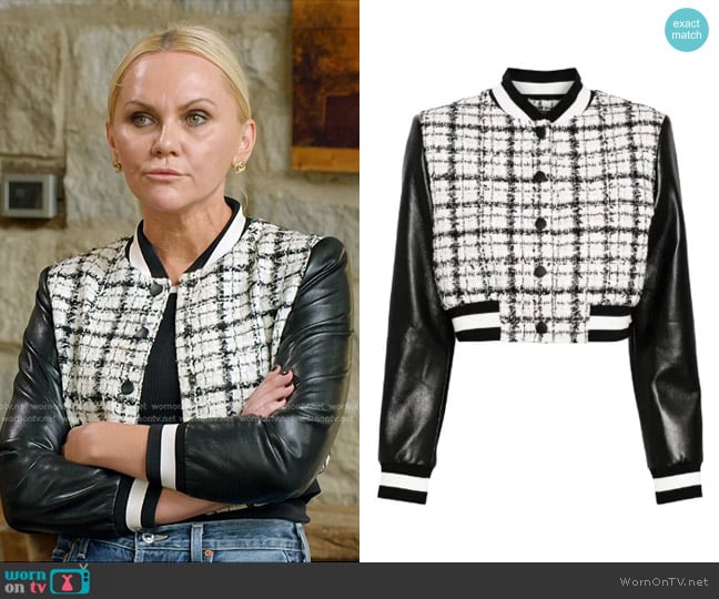 Alice + Olivia Camela Cropped Tweed Jacket in White worn by Galyna Saltkovska on The McBee Dynasty Real American Cowboys