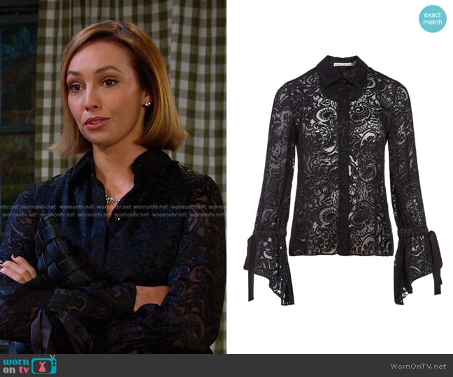 Alice + Olivia Willa Ruffle Cuff Blouse in feminine escape sm black worn by Gwen Rizczech (Emily O'Brien) on Days of our Lives