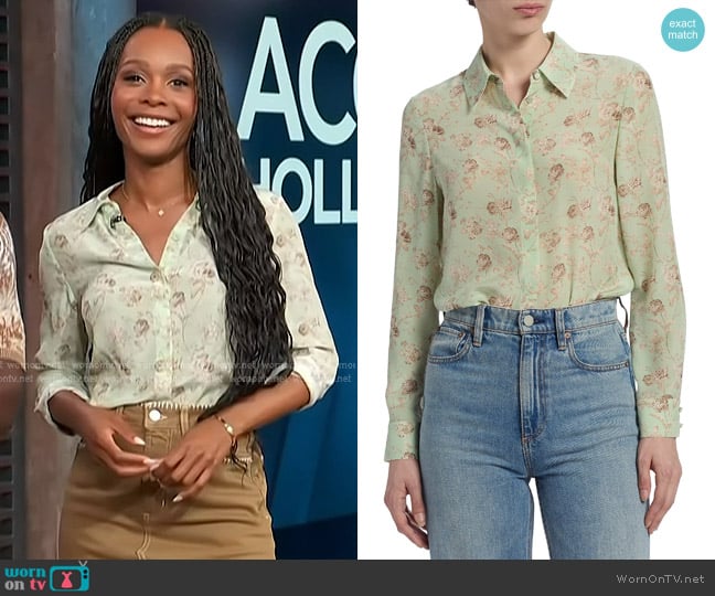 Alice + Olivia Willa Shirt in Peak Floral Green Tea worn by Zuri Hall on Access Hollywood
