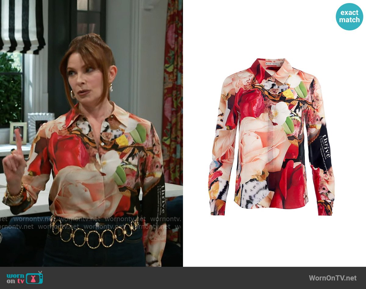 Pamela’s floral graphic button down top on Beyond the Gates