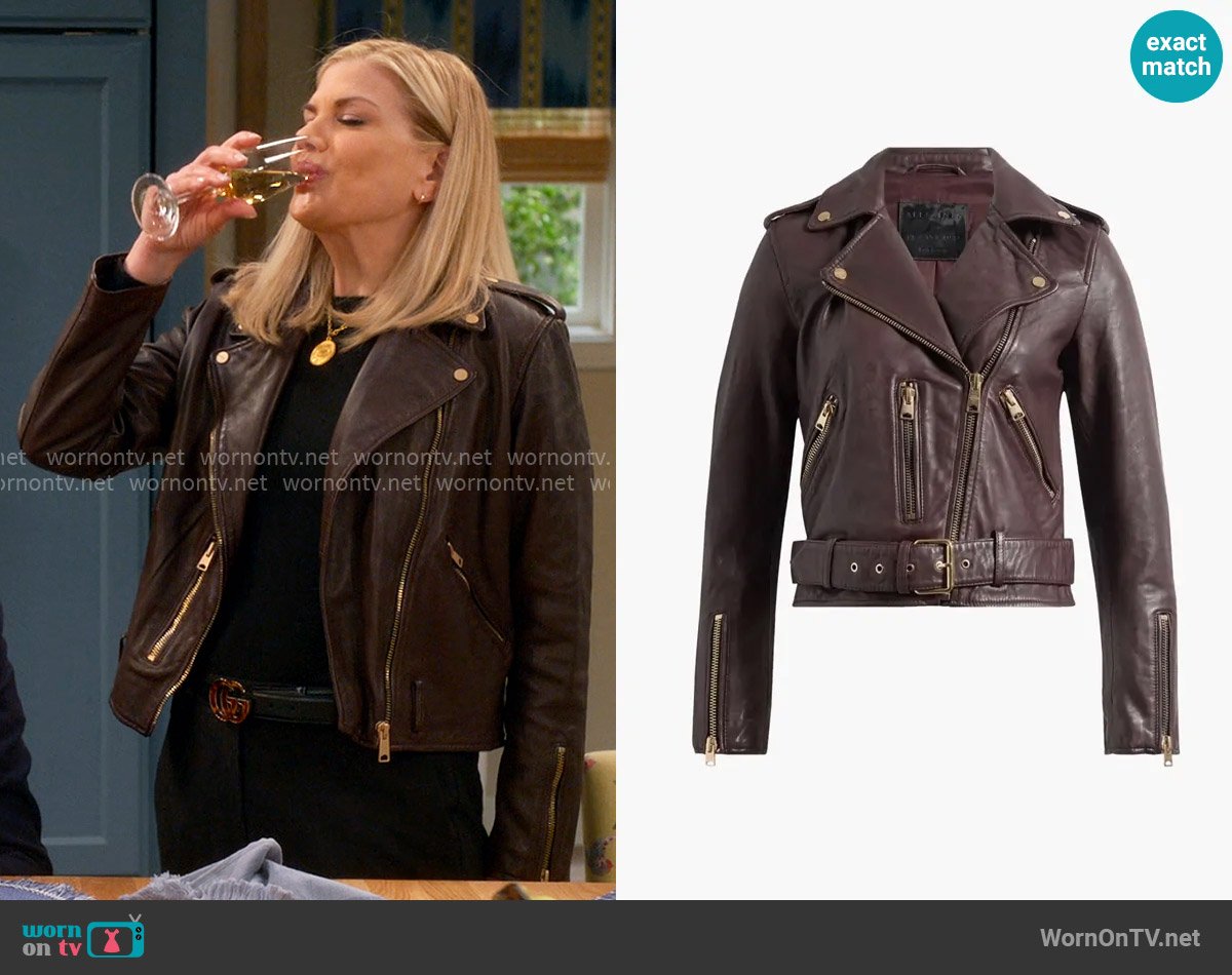 All Saints Balfern Jacket in Oxblood/Gold worn by Carol (Kristen Johnston) on Leanne