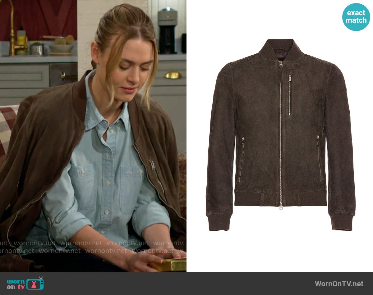 All Saints Kemble Suede Jacket worn by Claire Grace (Hayley Erin) on The Young and the Restless