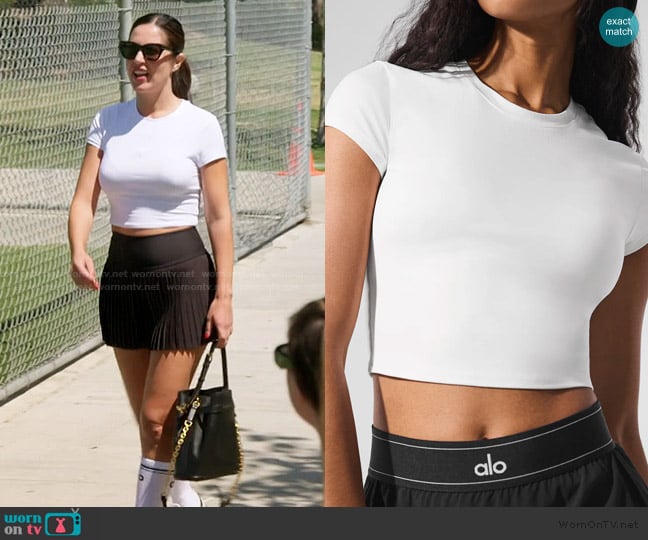 Alo Yoga Soft Crop Finesse Short Sleeve Top worn by Michelle Saniei on The Valley