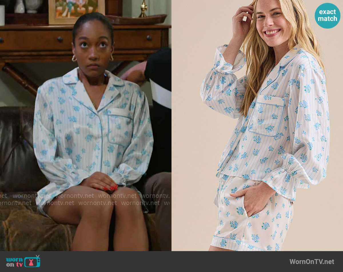 Altar'd State Macie Floral Satin Pajamas worn by Samantha Richardson (Najah Jackson) on Beyond the Gates
