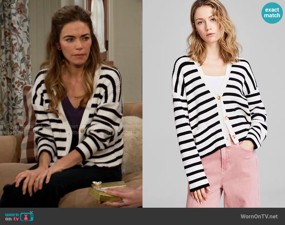 And Now This Striped Button-Front Dropped-Shoulder Cardigan  worn by Victoria Newman (Amelia Heinle) on The Young and the Restless