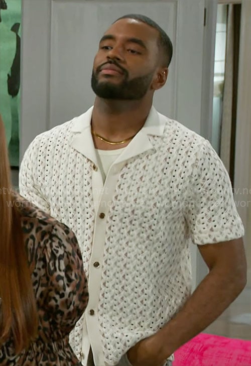 Andre's white knit button down shirt on Beyond the Gates