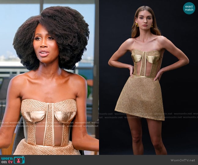 Angel Sanchez Gold Raffia Mini Corset Strapless Dress with Sheer Inserts worn by Kiki Barth (Kiki Barth) on The Real Housewives of Miami