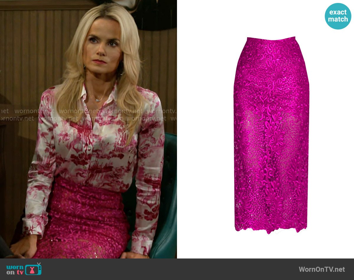 Angelika Jozefczyk Orchidea Lace Skirt in Fuchsia worn by Vanessa McBride (Lauren Buglioli) on Beyond the Gates