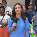 Angie Lassman’s blue pleated hem mini shirtdress on Today