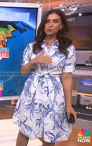 Angie Lassman's white and blue print tie waist shirtdress on NBC News Daily