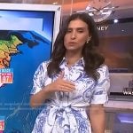 Angie Lassman’s white and blue print tie waist shirtdress on NBC News Daily