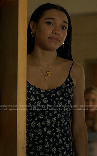 Anika's navy floral dress on The Summer I Turned Pretty
