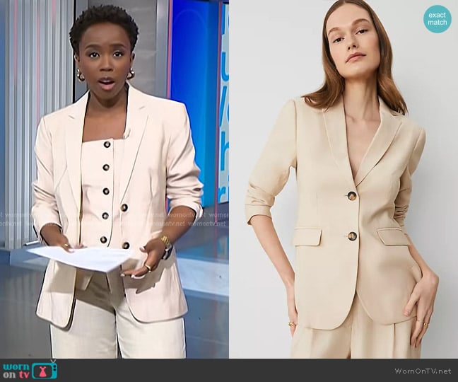 Ann Taylor The Greenwich Blazer in Sands Edge worn by Zinhle Essamuah on NBC News Daily
