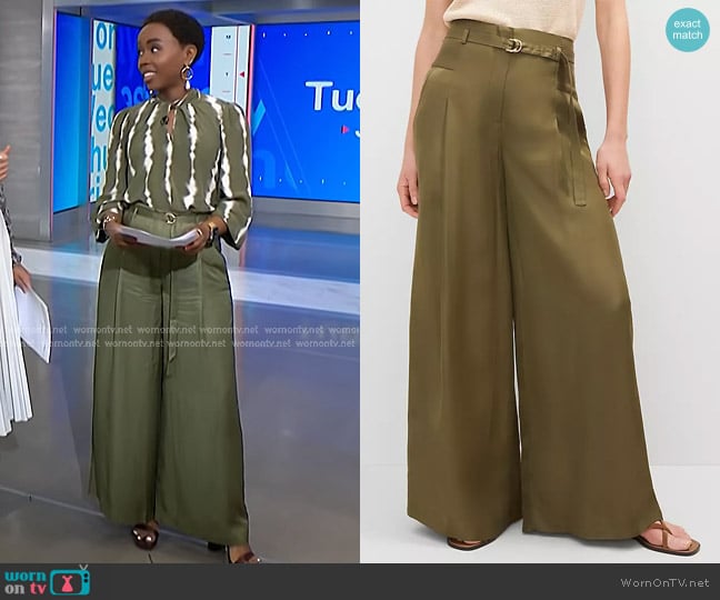 Ann Taylor The Statement Wide-Leg Pant in Moss Green worn by Zinhle Essamuah on NBC News Daily