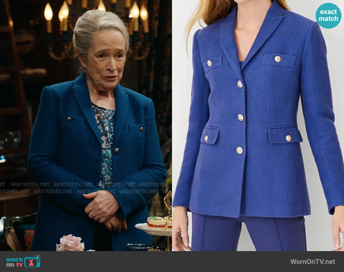 Ann Taylor Long Tweed Jacket in Azurine Blue worn by Madeline Matlock (Kathy Bates) on Matlock