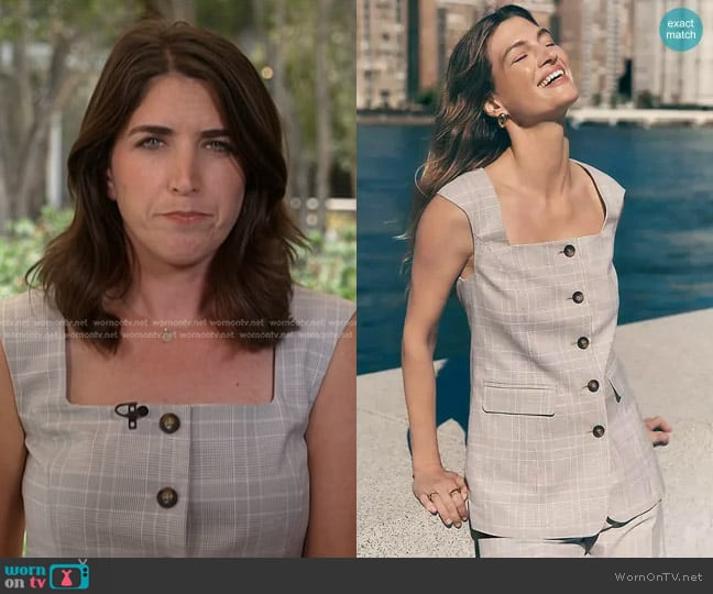 Ann Taylor Plaid Square Neck Vest in Cashew Beige worn by Liz Kreutz on Today