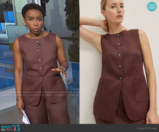 Ann Taylor The Long Crew Neck Vest in Linen Blend in Rich Walnut worn by Zinhle Essamuah on NBC News Daily