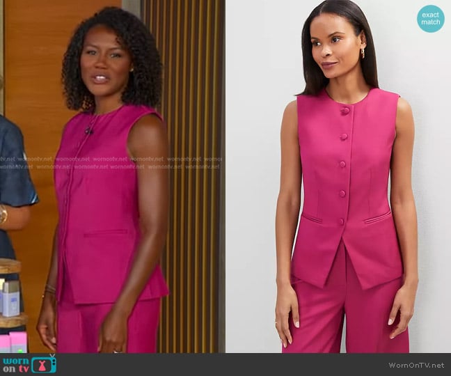 Ann Taylor The Petite Long Crew Neck Vest in Berry Splash worn by Janai Norman on Good Morning America