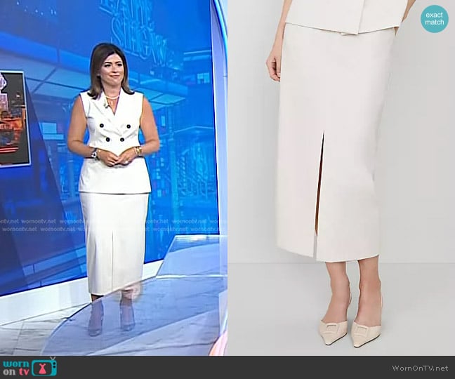 Ann Taylor The Trouser Column Midi Skirt in Tan Texture worn by Chloe Melas on Today