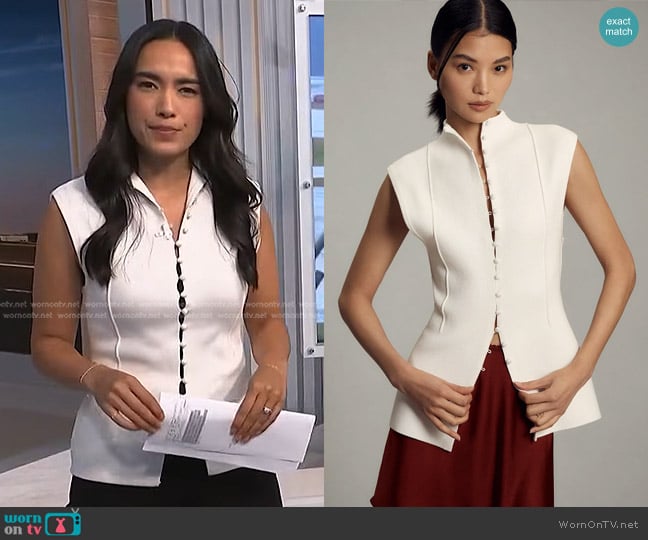 Anthropologie Mock-Neck Sleeveless Cardigan Sweater in Ivory worn by Emilie Ikeda on NBC News Daily