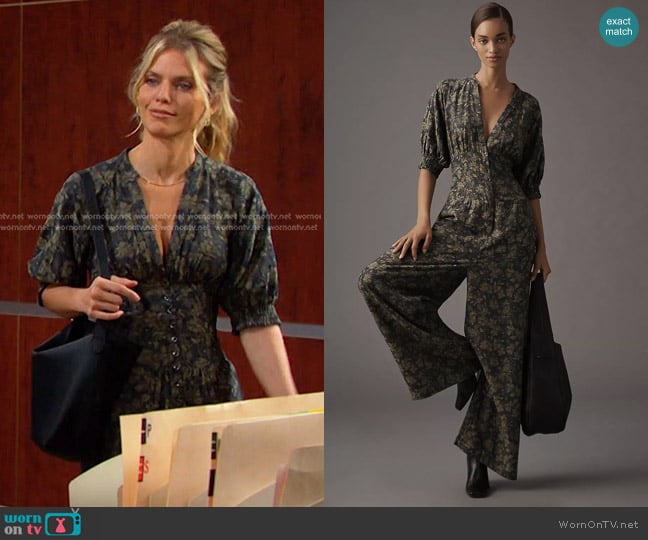 Anthropologie Puff-Sleeve Jumpsuit in Green worn by Catherina Greene (AnnaLynne McCord) on Days of our Lives