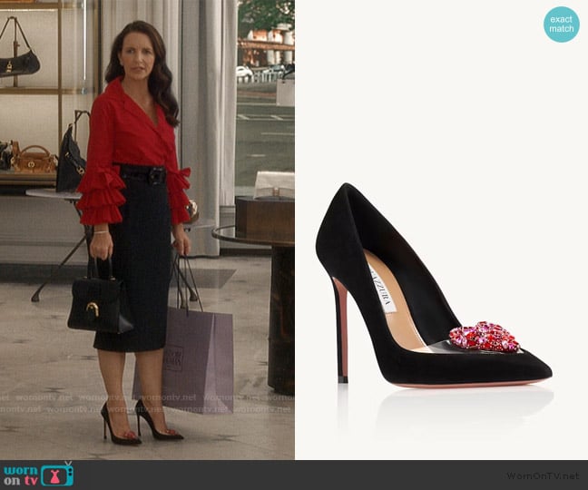 Aquazzura Love Me 105 embellished PVC sandals worn by Charlotte York (Kristin Davis) on And Just Like That