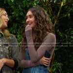 Ari’s brown print top and denim barrel overalls on Days of our Lives