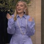 Meg Donnelly’s blue striped asymmetric dress on Live with Kelly and Mark
