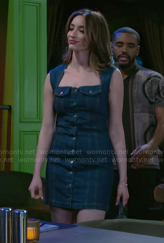Ashley’s denim button-front dress on Beyond the Gates