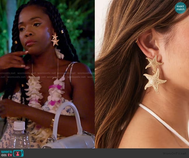 ASOS Drop stud earrings with double starfish design in gold tone worn by Jasmine Goode on The Valley
