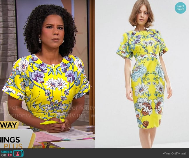 ASOS Wiggle Dress in Mirrored Floral Print worn by Adriana Diaz on CBS Mornings