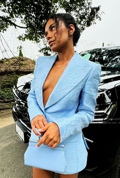 Ava's blue jacquard blazer on Next Gen NYC
