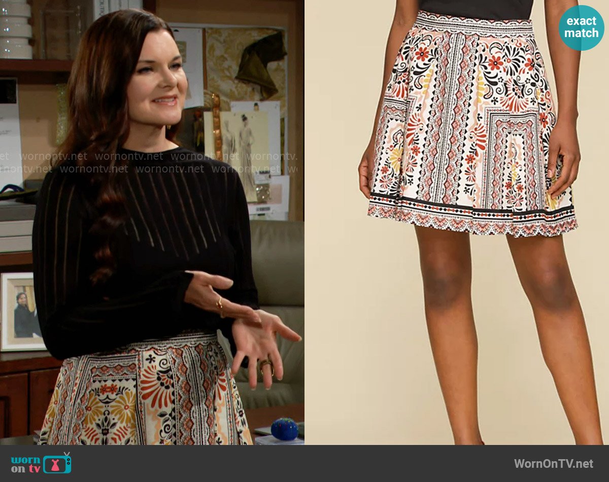 Avec Les Filles Printed Linen-Blend Pleated Mini Skirt worn by Katie Logan (Heather Tom) on The Bold and the Beautiful