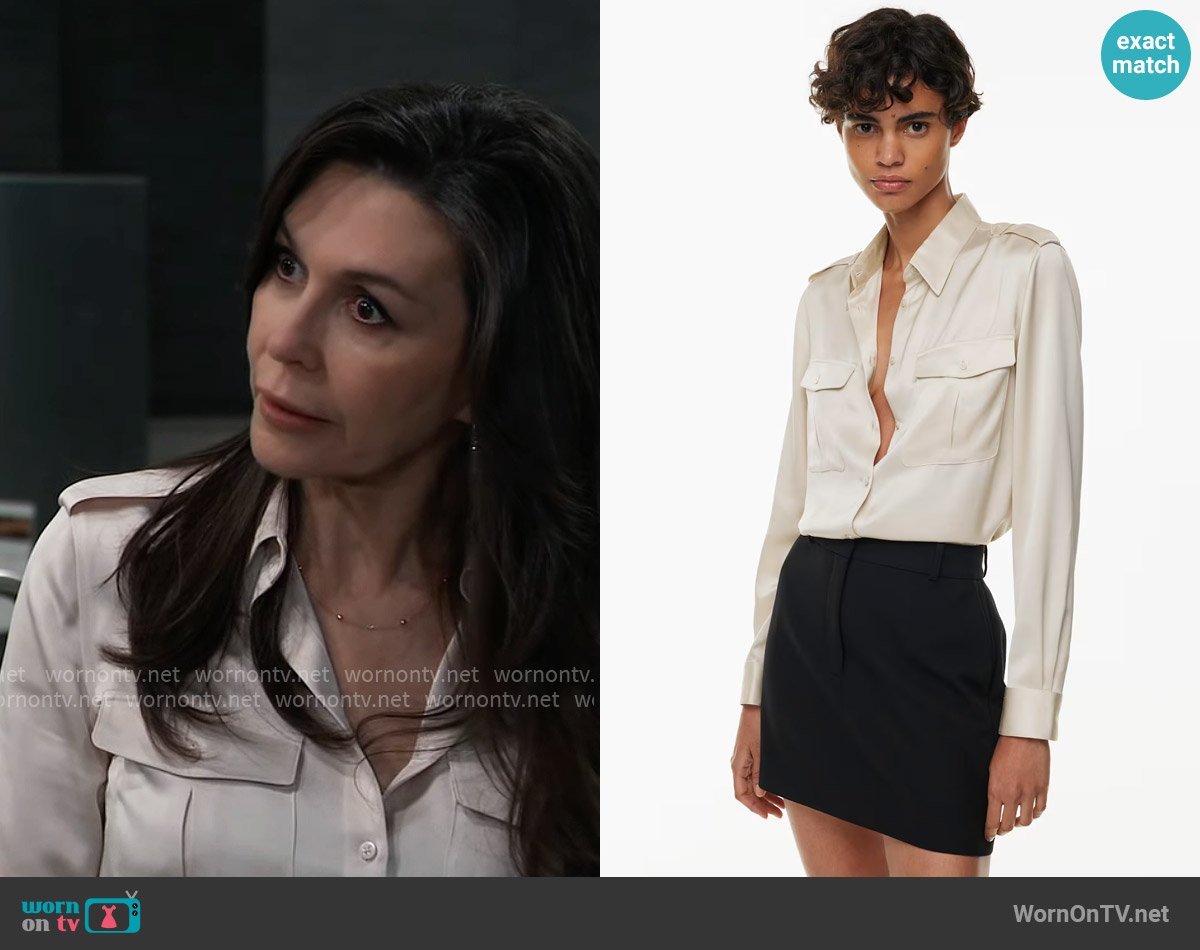 Babaton at Aritzia Dividend Satin Shirt worn by Anna Devane (Finola Hughes) on General Hospital