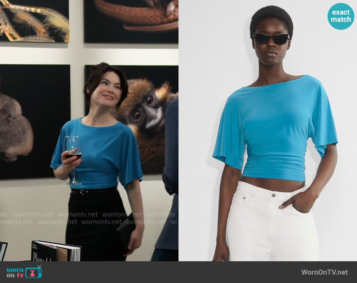 Babaton at Aritzia Wavelength T-shirt in Splash Blue worn by Elizabeth Webber (Rebecca Herbst) on General Hospital