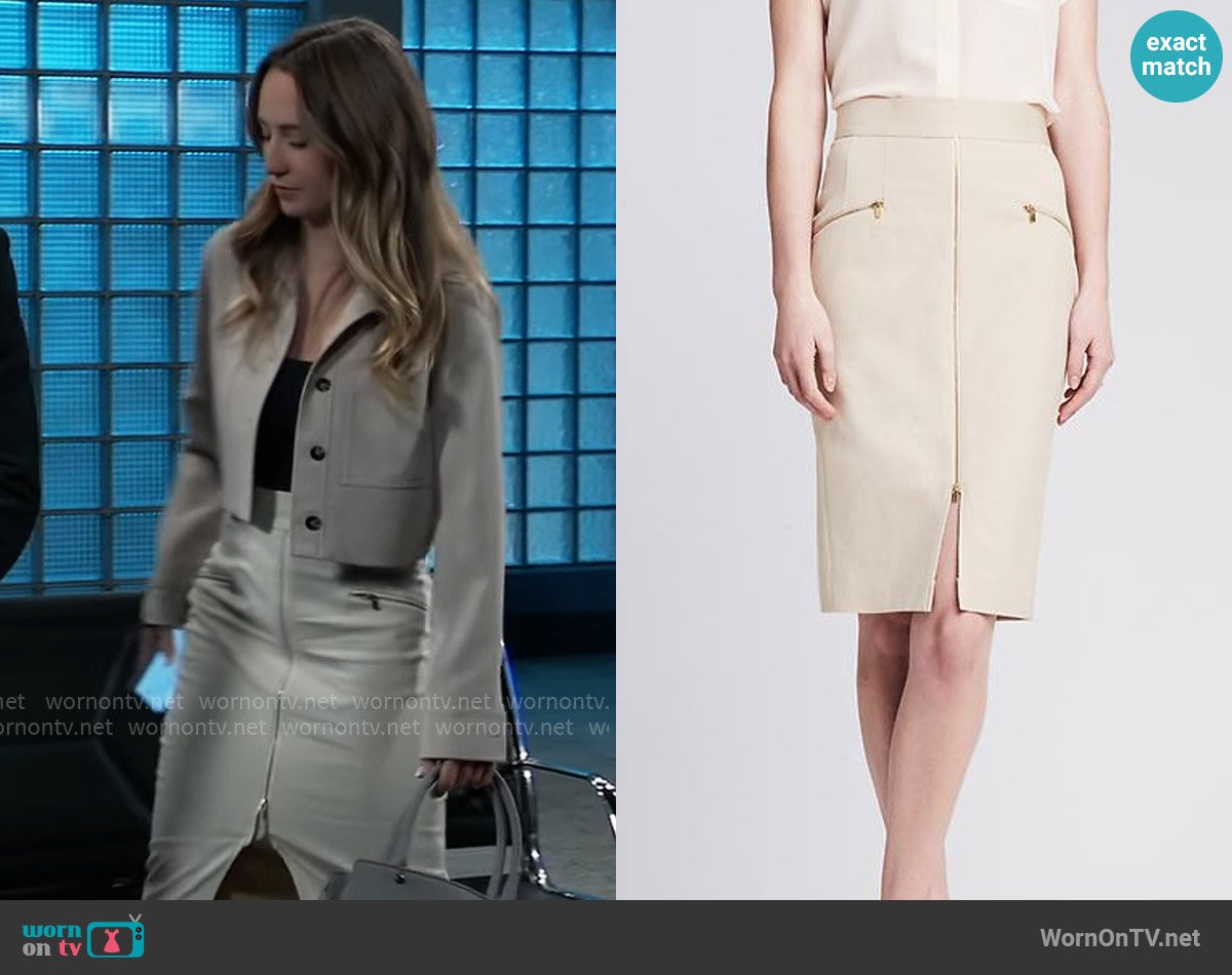 Banana Republic Sloan-Fit Zip-Front Skirt worn by Josslyn Jacks (Eden McCoy) on General Hospital