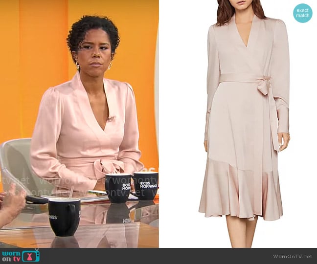 Bcbgmaxazria Satin-Back Crêpe Wrap Dress worn by Adriana Diaz on CBS Mornings