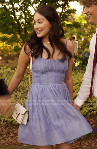 Belly’s blue mini dress and crossbody bag on The Summer I Turned Pretty