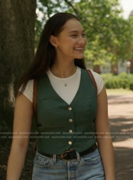 Belly's green button front vest on The Summer I Turned Pretty