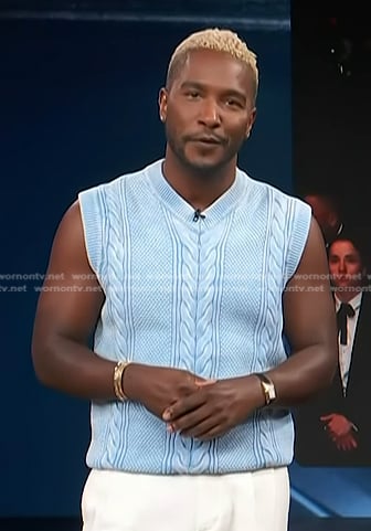 Scott’s blue cable knit vest on Access Hollywood