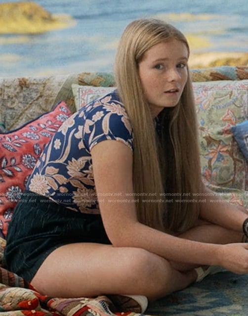 Bonnie's blue floral print swimsuit on We Were Liars