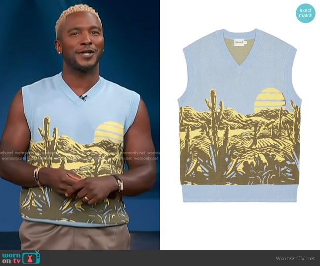 Bound Desert V-neck Knit Vest in Blue worn by Scott Evans on Access Hollywood
