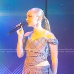 Meg Donnelly’s grey plaid top and skirt on Good Morning America