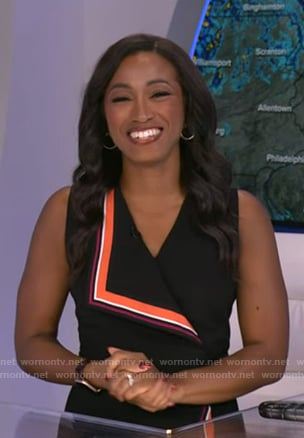 Brittany Bell's black stripe-trim wrap dress on Good Morning America