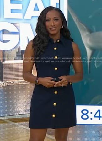 Brittany's navy sleeveless button front mini dress on Good Morning America